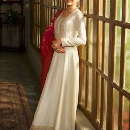 Fashor Cream Embroidered A Line Kurta With Dupatta-picture-13