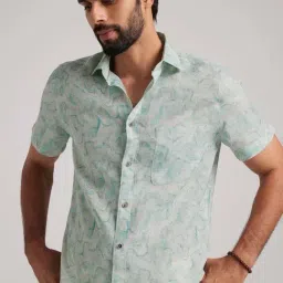 ANDAMEN Teal Regular Fit Printed Linen Shirt-picture-7