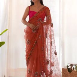 Saree Mall Orange Embellished Sarees With Unstitched Blouse-image-41