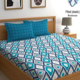 Home Ecstasy Blue Cotton 180 TC King Fitted Bedsheet with 2 Pillow Covers-image-7