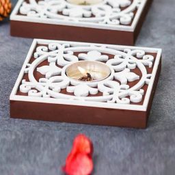 eCraftIndia Set of 6 Square Wooden Floral Block Print Decorative Tea Light Holders-11