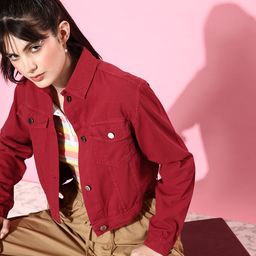 DressBerry Women Marsala Maroon Pure Cotton Crop Denim Jacket-picture-35