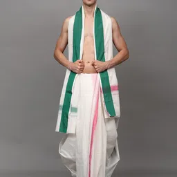 Exotic India Men White-Alyssum Plain Dhoti with Angavastram Set with Double Side Border-image-7