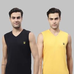 Vimal Jonney Black & Yellow Sleeveless Lounge T-Shirt - Pack of 2-image-76