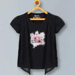 3PIN Girls Black Cotton Graphic Top-image-79