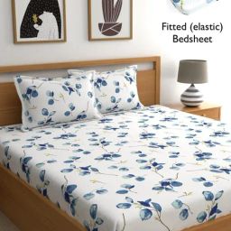 Home Ecstasy Blue Cotton 140 TC King Fitted Bedsheet with 2 Pillow Covers-image-80