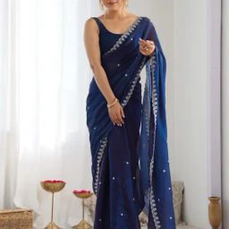 Saree Mall Navy Blue Organza Embellished Saree with Blouse Piece-picture-18