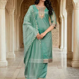 SANISA Women's Net Embroidered Straight Kurta Trousers With Dupatta-0