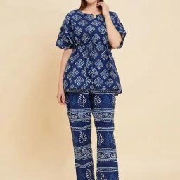 Sweet Dreams Blue Cotton Printed Kaftan Pyjama Set-picture-6