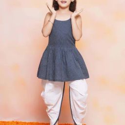 AJ Dezines Kids Blue & White Cotton Self Pattern Kurta Set-image-2