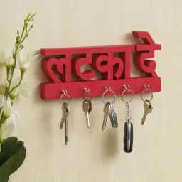 eCraftIndia Red Wooden "Latka De" Cutout Key Holder With 3 Key Hooks For Wall Showpiece-image-40