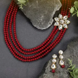 Peora Gold-Plated Traditional Kundan Maroon Beaded Long Necklace Earrings Jewellery Set-image-87