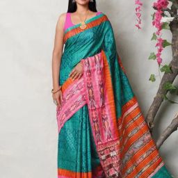 Unnati Silks Green & Pink Silk Printed Saree With Unstitched Blouse-image-27