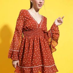 Oxolloxo Rust & White Printed Fit & Flare Dress-picture-1