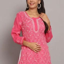 PARAMOUNT CHIKAN Hot Pink Cotton Hand Embroidered Chikankari Straight Kurti-picture-44