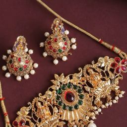 OOMPH Antique Gold Tone Red & Green Stone Laxmi & Choker Necklace Set with Jhumka Earrings-image-51