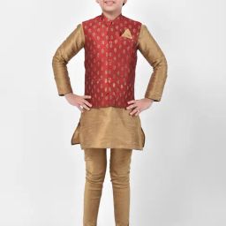 Deyann Kids Brown & Red Self Design Full Sleeves Kurta, Churidar Pants with Nehru Jacket-image-3