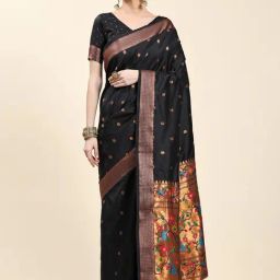 JUST FASHION Black Silk Woven Saree With Unstitched Blouse-picture-25