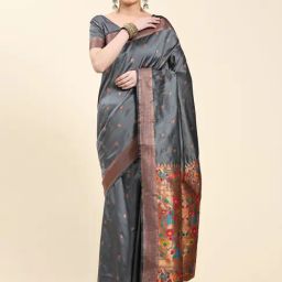JUST FASHION Grey Silk Woven Saree With Unstitched Blouse-picture-34