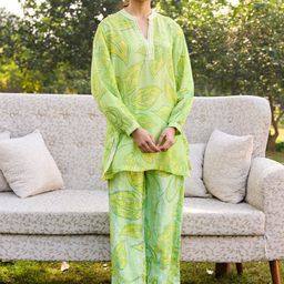 SAUNDH Cava Printed Mandarin Collar Linen Tunic With Trouser-picture-37