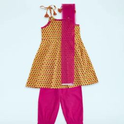 Akkriti by Pantaloons Kids Mustard & Pink Cotton Floral Print Kurta Set-image-53