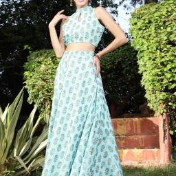 Sera Blue Cotton Printed Top & Skirt Set-picture-26