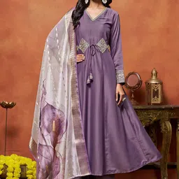 Sangria Floral Embroidered V-Neck Cotton Silk Anarkali Kurta With Palazzo & Dupatta-57