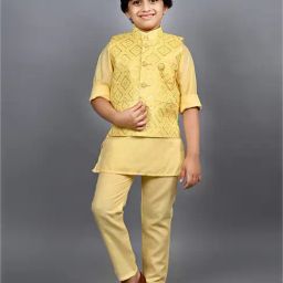 Ahhaaaa Kids Yellow Embellished Full Sleeves Sherwani, Jacket & Pyjamas-image-67