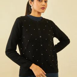 Soch Black Acrylic Pearl Embellished Diamond Pattern Knitted Cardigan-image-41