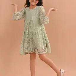 LilPicks Kids Light Green Lace Asymmetric Dress-image-14