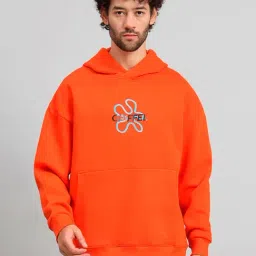 GRIFFEL Orange Loose Fit Graphic Print Oversized Hooded Sweatshirt-image-34
