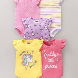 Babyhug 100% Cotton Frill Sleeves Onesie Printed & Stripes Pack of 5 - Multicolour-image-48