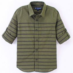 Pine Kids 100% Cotton Full Sleeve Turn Up Single Pocket Striped Shirt - Green-image-86