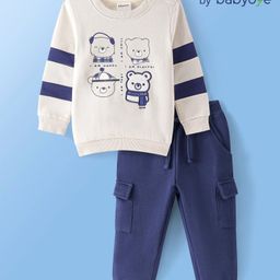 Babyoye 100% Cotton Knit Full Sleeves Winter Wear Suit With Teddies Print - White & Blue-picture-31