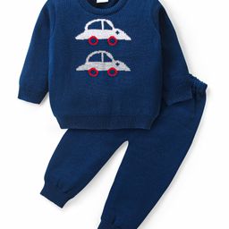 Babyhug Knitted Full Sleeves Sweater Set with Cars Design - Navy Blue-image-90