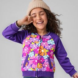 Babyhug Cotton Knit Full Raglan Sleeves Sweat Jacket With Floral Print - Purple-image-95