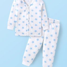 Babyhug Full Sleeves Front Open Thermal Wear Vest & Pant with Star Print - White-image-96