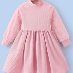 Kookie Kids Full Sleeves Solid Colour Party Frock With Fur Detailing - Pink-picture-14