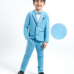 Babyhug Woven Full Sleeves Solid Colour 3 Piece Party Suit With Bow - Blue-picture-24