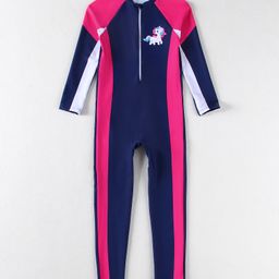 Mark & Mia Full Raglan Sleeves Legged Swimsuit With Color Block Design & Unicorn Print - Navy Blue & Pink-image-76