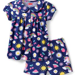 Babyhug Cotton Knit Single Jersey Half Sleeves Shorts Night Suit With Unicorn Print - Navy Blue-image-21