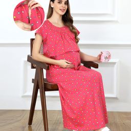 Bella Mama Cotton Knit Half Sleeves Concealed Zipper Heart Print Nighty - Dark Pink-picture-34