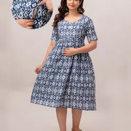 CeleBravo Pure Cotton Half Sleeves Ikat Printed Maternity Dress With Nursing Access - Blue-picture-23