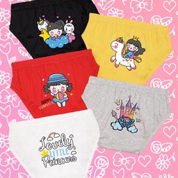 NUSYL Cotton Pack Of 5 Princess & Castle Printed Panties - Black Yellow Red Grey & White-image-42