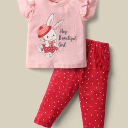 Doodle Poodle 100% Cotton Half Sleeves Bunny Printed T-Shirt & Polka Dots Printed Pant Set - Red & Pink-image-103