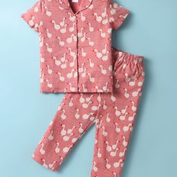 Ollypop Sinker Knit Half Sleeves Co-ords Night Suit With Bird Print - Pink-image-35