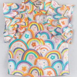 Hugsntugs Woven Cotton Sleeveless Frill Detailed Rainbow Printed Shirt Style Top - Multi Colour-image-98