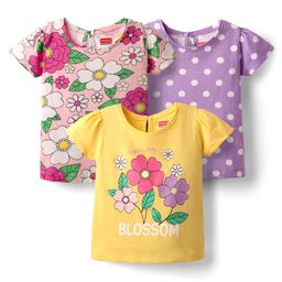 Babyhug 100% Cotton Knit Half Sleeves Floral & Polka Dot Printed T-Shirts Pack of 3 - Yellow Pink & Purple-29