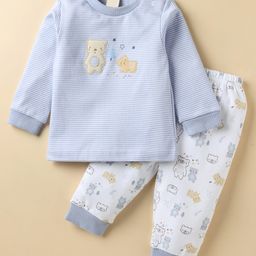 Zero Interlock Knit Full Sleeves Striped Night Suit with Animal Patch & Print - Light Blue & White-image-18