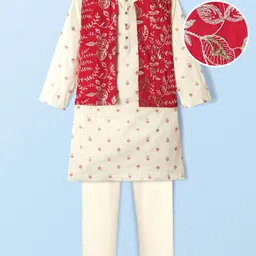 EARTHY TOUCH Cotton Woven Full Sleeves Floral Print Kurta Pajama Set with Attached Jacket & Embroidery - Off White-picture-23